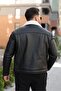 Men's Leather Coat with Fur Collar Detail - 3