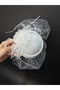 White Bridal Fascinator Wedding Hat with Feather and Chiffon Flower Veil Clip Model