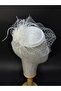 White Bridal Fascinator Wedding Hat with Feather and Chiffon Flower Veil Clip Model - 3