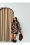 Women's Brown Leopard Print Buttoned Crew Neck Long Plush Ribbed Winter Knit Cardigan - 3