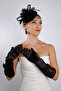 Elegant Black Satin Short Bridal Gloves and Chic Wedding Fascinator Hat Set - 4