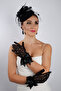 Elegant Black Tulle Rhinestone Evening Gloves and Chic Feather Fascinator Hat Set
