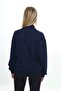 Navy Blue Girl's Mock Neck Zippered Pocket Embroidery Printed Knitted Cardigan - 2 Thread - 5