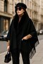 Soft Textured Fur Collar Tassels Poncho Shawl Premium Quality Furry Elegant Spring Season Black Model - 6