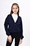 Navy Blue Girls' V-Neck Buttoned Off-Shoulder Knitted School Cardigan - 2 Thread