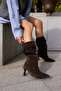 PERRI WOMEN'S BROWN GENUINE LEATHER SUEDE HALF UNLINED HEEL BOOTS - 3