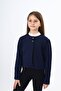 Navy Blue Girls' Crew Neck A-Line Snap Closure Knitted Cardigan - Unlined & 2 Thread