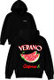 Verano Watermelon Design Printed Oversized Black Hooded Sweatshirt