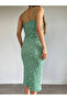 Women's Green Floral Gathered Bust Slit Strap Bust Low Cut Midi Dress - 4