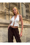 Women's White Halter Neck Tie Back and Front Tie V Neck Low Cut Ruffle Linen Crop Blouse - 5