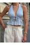 Women's Blue Halter Neck Tie Back Deep V Neck Low Cut Ruffled Linen Crop Blouse - 4