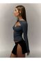 Smoked Long Sleeve Fit Crop Blouse with Cutout Neckline and Low-Cut Detail - 3