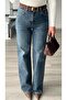 Dark Blue Suede Belted Straight Jeans - 7
