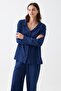 Women's Navy Buttoned Collar Detail Cotton Pajama Set - 4