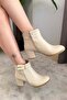 Women's Mabel Cream Leather Buckle (6 cm) Heeled Oval Toe Boots - 4