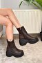 Women's Celsi Brown Leather Side Zipper 9 cm High Wedge Heeled Transitional Women's Short Boots Boot - 5