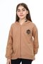 Brown Girl's Hooded Zippered Off-Shoulder Embroidery Printed Slit Detailed Knitted Cardigan