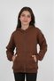 Brown Girl's Hooded Zippered Pockets Off Shoulder Embroidery Printed Knitted Cardigan