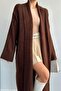Women's Brown Shawl Collar Long Knit Cardigan |   Oversized & Comfortable Model - 3