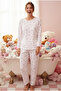 White Pink Floral Pattern Soft Tuşe Winter Corded Fabric Cotton Knitted Pajama Suit 7956 - 2