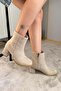 Women's Marta Beige Suede 6 cm Thick Heeled Egg Toe Zippered Boots - 2