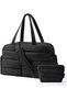 31L Quilted Travel Duffle Gym Bag for Women with Toiletry Pouch, Water-Resistant, Black