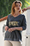 Italian Navy Blue V-Neck Long Sleeve Stone Woven g Paneled Varak B Printed Casual Combed Knitted Blouse 70 60