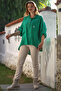 Italian Green Shirt Collar Buttoned Long Sleeve Pocket Linen Back Long O Oversized Woven Blouse 75 70 - 5