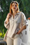 Italian Beige Shirt Collar Buttoned Long Sleeve Pocketed Linen Back Long O Oversized Woven Blouse 75 70