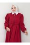 Women's Clothing Burgundy Color Front Lace-Up Zipper Detail White Collar Three Thread Long Dress - 3