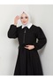 Women's Clothing Black Color Front Lace-Up Zipper Detail White Collar Three Yarn Long Dress - 7