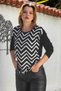Black Boat Neck Long Sleeve Zigzag Patterned Casual Knitwear Sweater 65 60