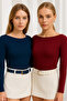 Women's Burgundy-Navy Blue 2-Pack Boat Neck Long Sleeve Blouse - 2