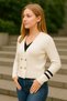 Women's Gold Buttoned V-Neck Ribbed Sleeve Striped Detail Sweater-Cardigan - 5