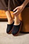 Raffy Black Suede Stitching Detailed Semi-Closed Silent Non-Slip Strip Coated Thermo Sole House Slippers