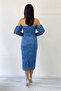 Women's Off Shoulder Balloon Sleeve Lace Evening Dress Indigo, Black - 8