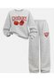 Girl's Gray Cherry Printed Crew Neck Sweatshirt - Gray Loose Fit Tracksuit Set