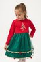 Girls' Cotton Red Christmas Tree Pattern Dress - New Year's Dress with Tulle and Pompom Detail - 6