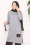 Stone Embellished Pompom Hijab Tunic Gray - 4