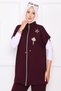 Stone Embroidered Zippered Vest Suit Burgundy - 2