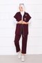 Stone Embroidered Zippered Vest Suit Burgundy - 3