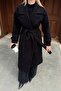 Black Double-Breasted Cuff-Sleeved Belted Lined Long Women's Midi Melton Coat - 4