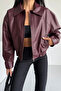 Women's Bomber Leather Jacket with Elastic Waist