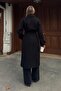 Black Double-Breasted Cuff-Sleeved Belted Lined Long Women's Midi Melton Coat - 5