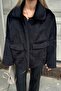 Black Double Pocket Snap Closure Thai Feather Oversized Women's Coat - 4