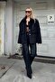 Black Double Pocket Snap Closure Thai Feather Oversized Women's Coat - 2