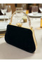 Black Suede Crystal Stone Metal Handle Chain Strap Evening Dress Bag Wedding Engagement Graduation - 2