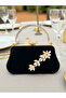 Black Suede Crystal Stone Metal Handle Chain Strap Evening Dress Bag Wedding Engagement Graduation - 3