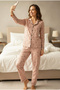 Salmon Flower Patterned Long Sleeve Buttoned Piped Pajama Suit 7926 - 2