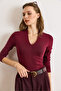 Women's Burgundy Combed Modal Deep V-Neck Stretchy Blouse Blz-19003136 - 4
